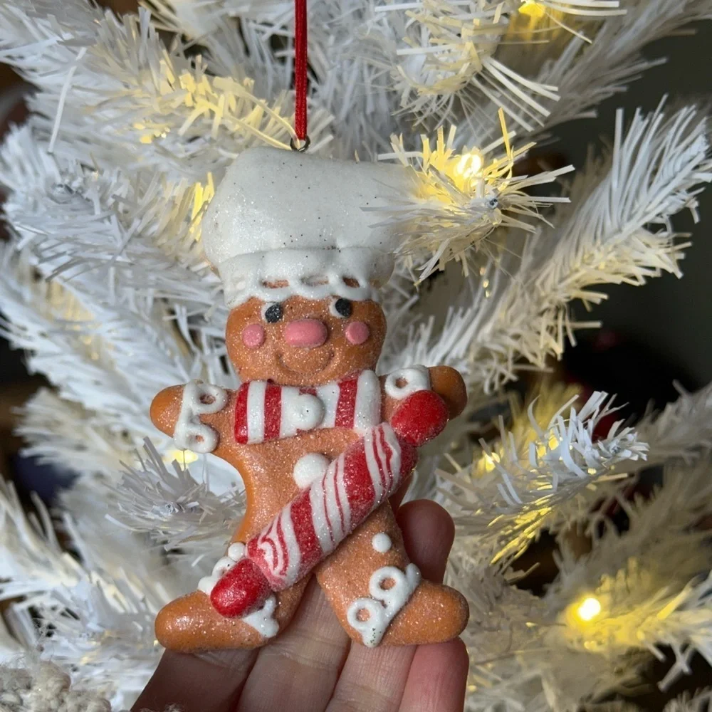 Gingerbread Chef Ornament with Candy Cane - White and Brown